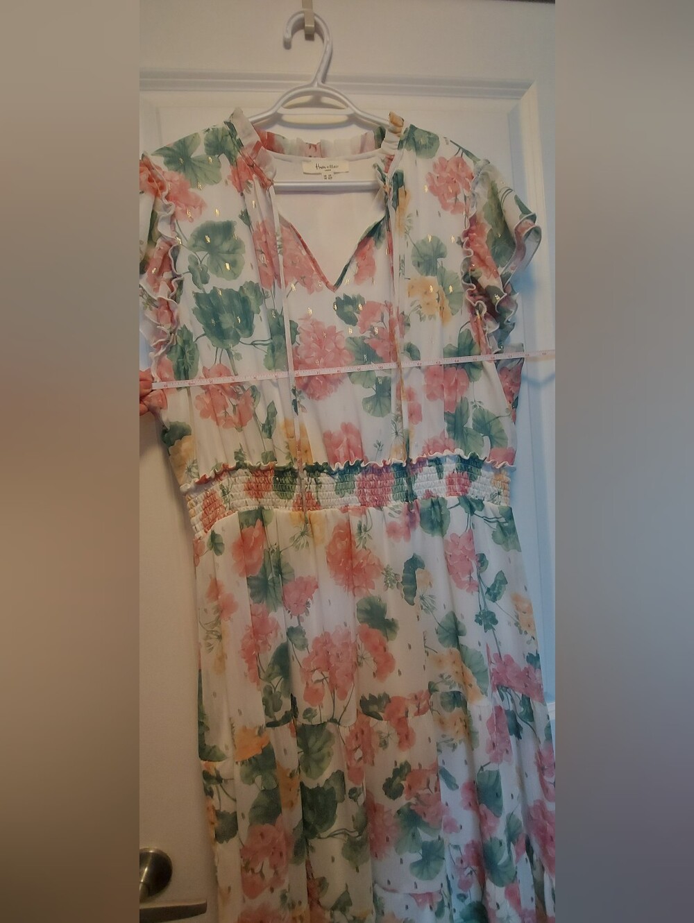 Floral V-Neck Ruffle Sleeve Dress - White with Pink & Green & Gold Accents